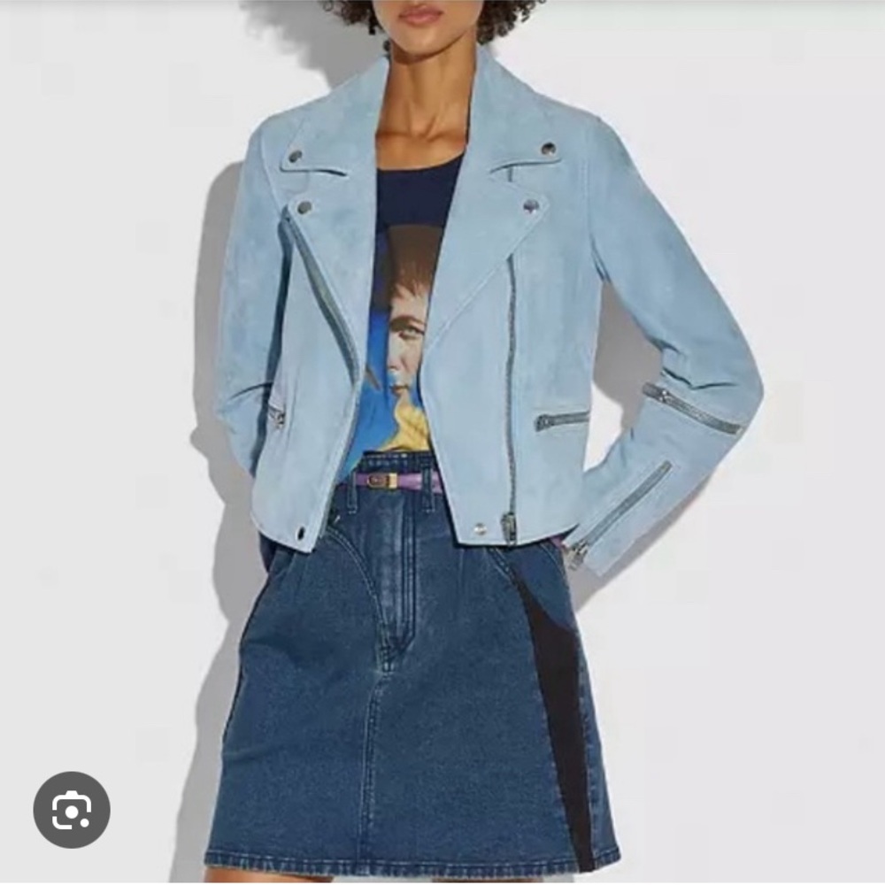 Coach light blue Suede moto biker leather jacket size 6